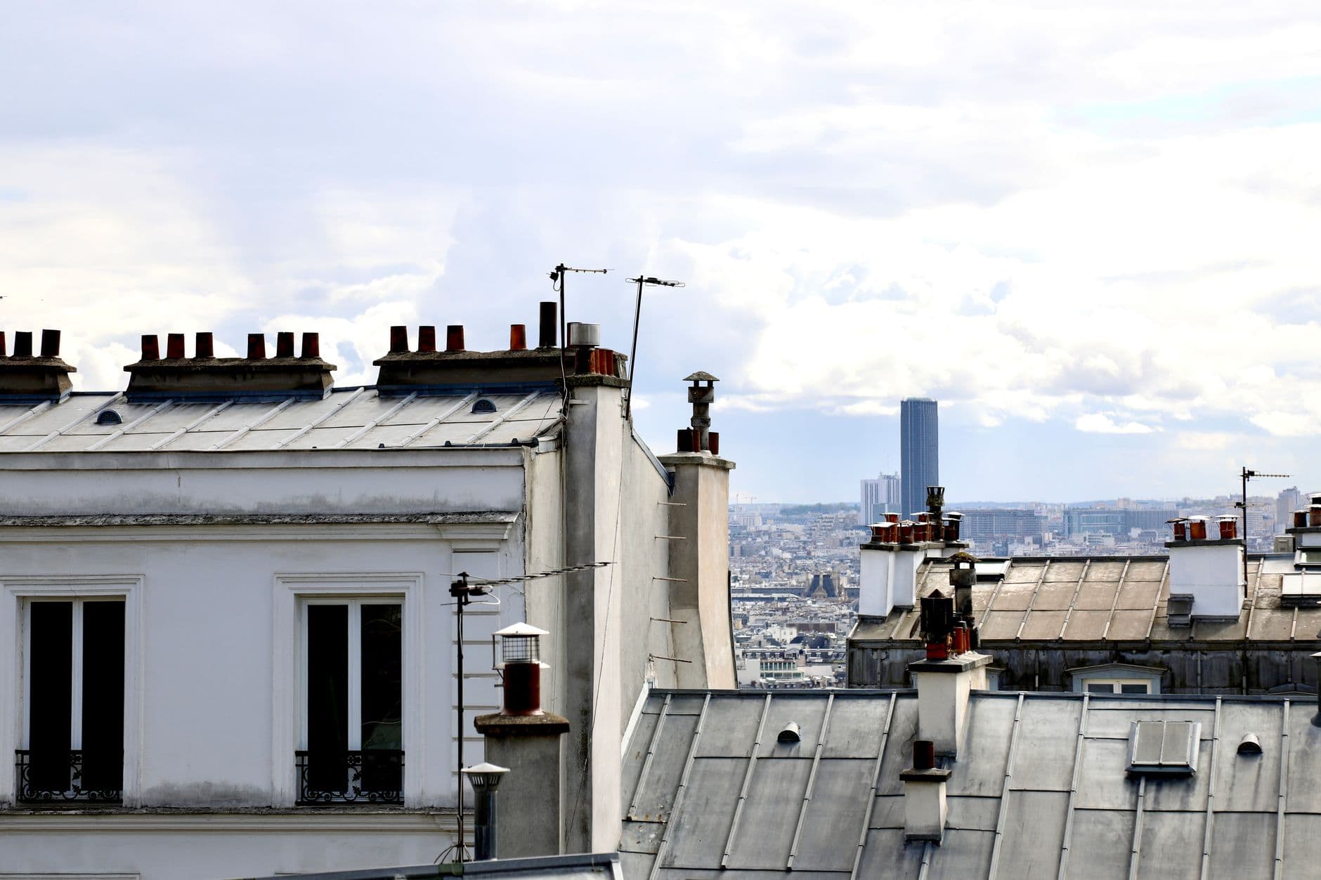 A view of traditional Parisian rooftops with a cityscape in the background under a bright sky.